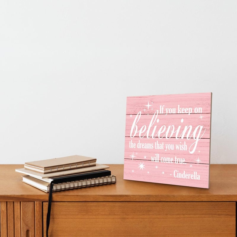 SUSZDOU Nursery Decor, Inspirational Sign, Wood Plaque Table Art Sign 6.2*6.2inch, Princess Shelf Decor, Bedroom Decorate for Baby Girl, Cute Decorate, If You Keep On Believing The Dreams You Wish Will Come True A - Image 4